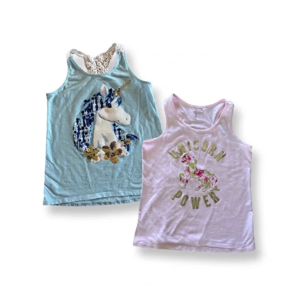 Unicorn Racerback Tanks Girl’s 10/12 Glitter Sequins Crochet Accents Justice - Picture 1 of 11